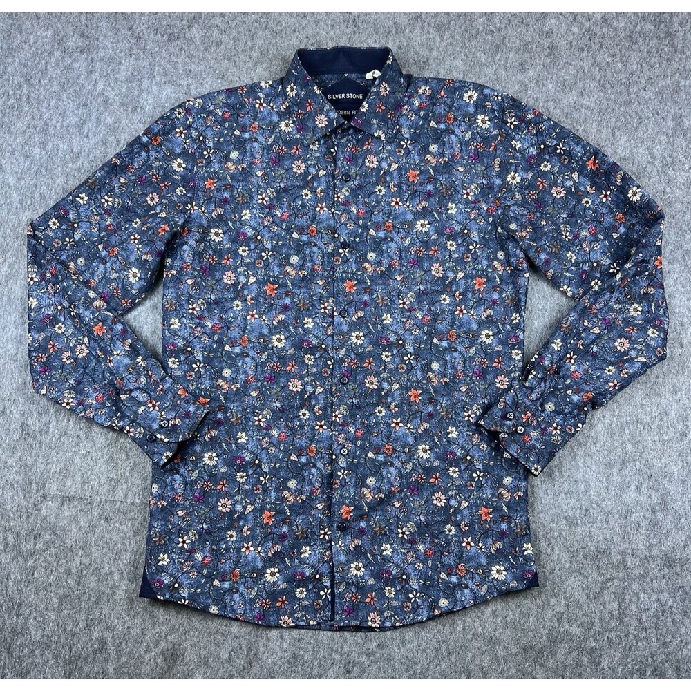 Silver Stone Collection Men's Button Down Modern Fit Floral Long Sleeve Size S